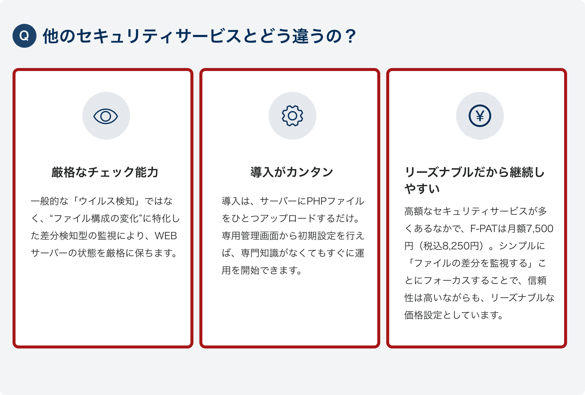 Q.他のセキュリティサービスとどう違うの？
						1.厳格なチェック能力
						一般的な「ウイルス検知」ではなく、“ファイル構成の変化”に特化した差分検知型の監視により、WEBサーバーの状態を厳格に保ちます。
						2.導入がカンタン
						導入は、サーバーにPHPファイルをひとつアップロードするだけ。専用管理画面から初期設定を行えば、専門知識がなくてもすぐに運用を開始できます。
						3.リーズナブルだから継続しやすい
						高額なセキュリティサービスが多くあるなかで、F-PATは月額7,500円（税込8,250円）。シンプルに「ファイルの差分を監視する」ことにフォーカスすることで、信頼性は高いながらも、リーズナブルな価格設定としています。